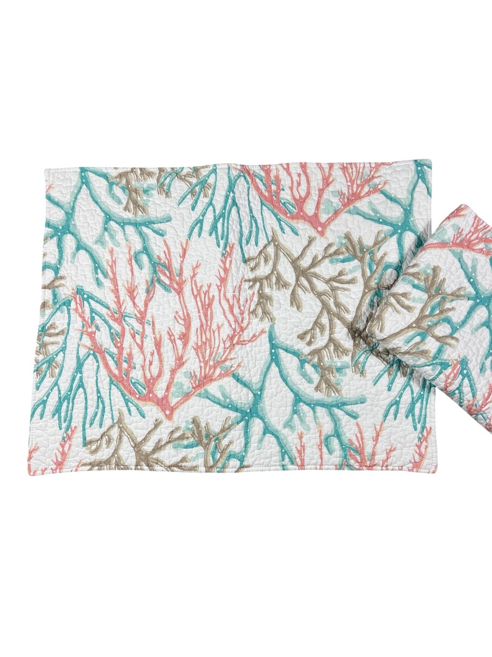 Coastal themed REVERSIBLE QUILT with matching shams EUC aqua coral white QUEEN - Picture 4 of 8
